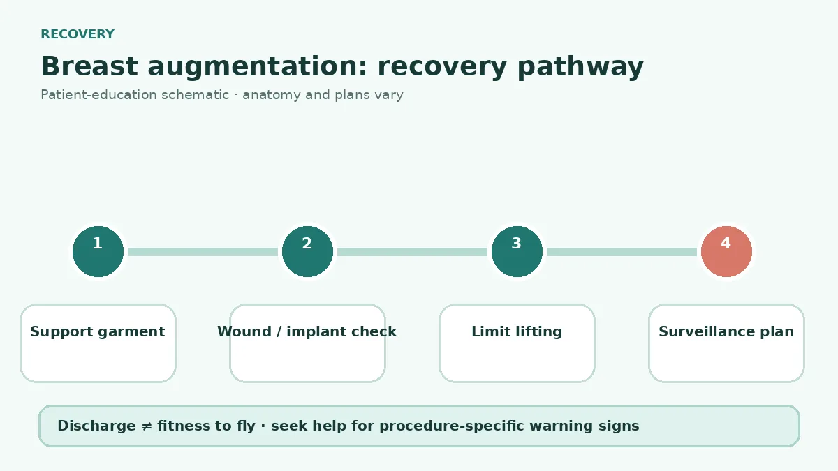 Breast augmentation recovery pathway showing support garment use, wound review, implant checks and gradual return to upper-body activity