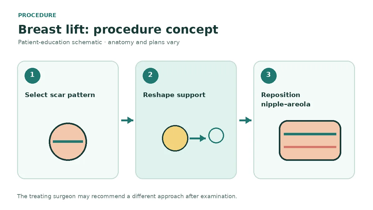 Clinical diagram comparing periareolar, vertical and Wise-pattern breast lift incision concepts