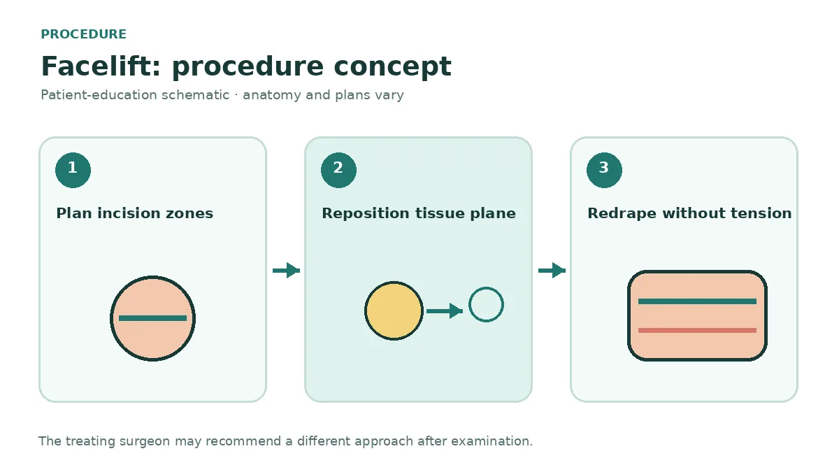 Clinical diagram showing incision zones and conceptual SMAS versus deeper tissue repositioning without depicting a guaranteed result