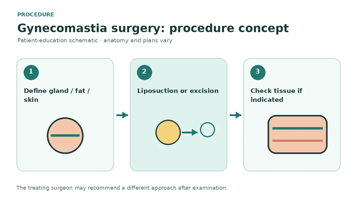 Clinical diagram comparing liposuction cannula treatment, periareolar gland excision and selected skin-reduction approaches