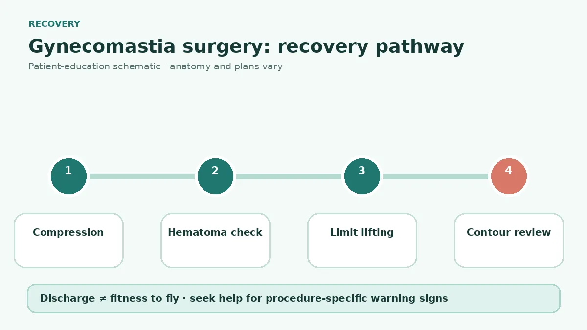 Gynecomastia surgery recovery pathway showing compression, hematoma checks, wound care, lifting restrictions and contour review
