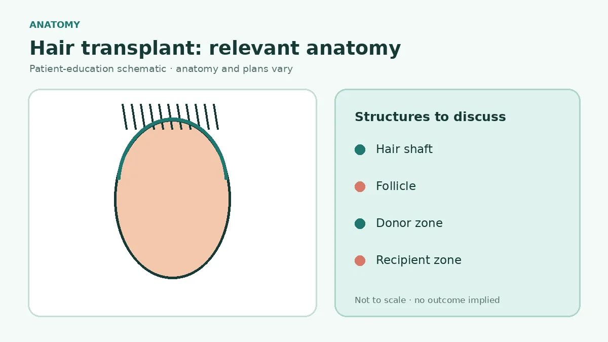 Medical scalp illustration showing follicle anatomy, donor zone, recipient zone and hair growth direction relevant to transplantation