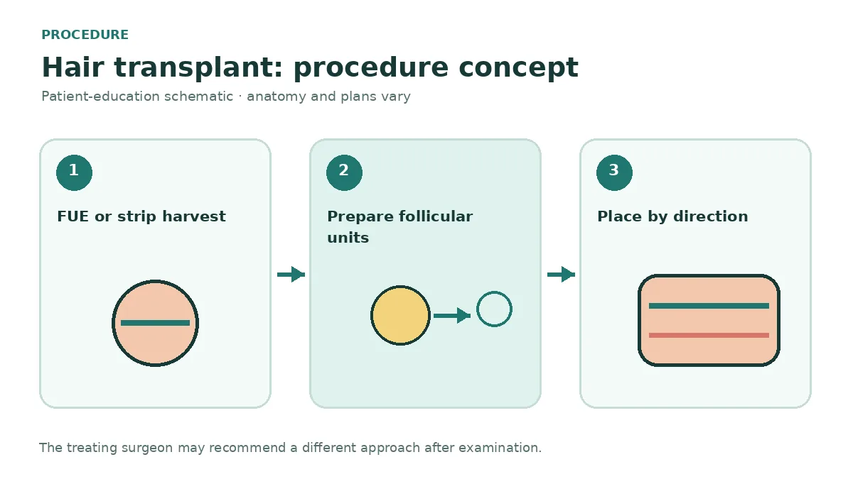 Clinical diagram comparing follicular unit extraction punches with strip harvesting and recipient-site placement