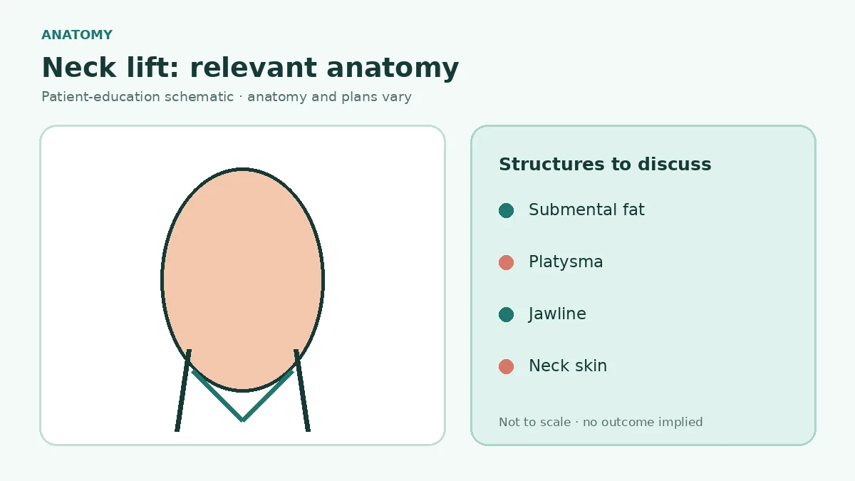 Medical side-view illustration showing submental fat, platysma, jawline, neck skin and deeper structures relevant to neck lift planning