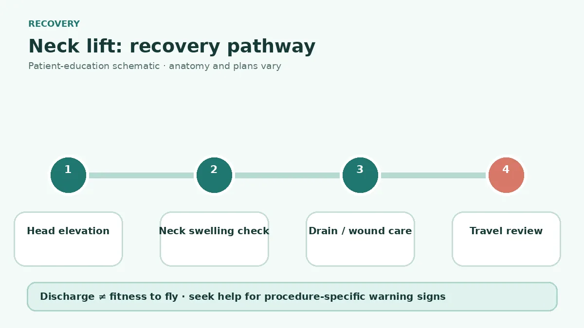 Neck lift recovery pathway showing head elevation, drain and hematoma checks, facial movement review and travel clearance