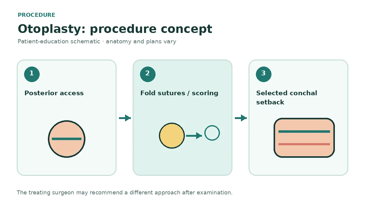 Clinical diagram showing posterior access, antihelical fold sutures and selected conchal setback concepts during otoplasty