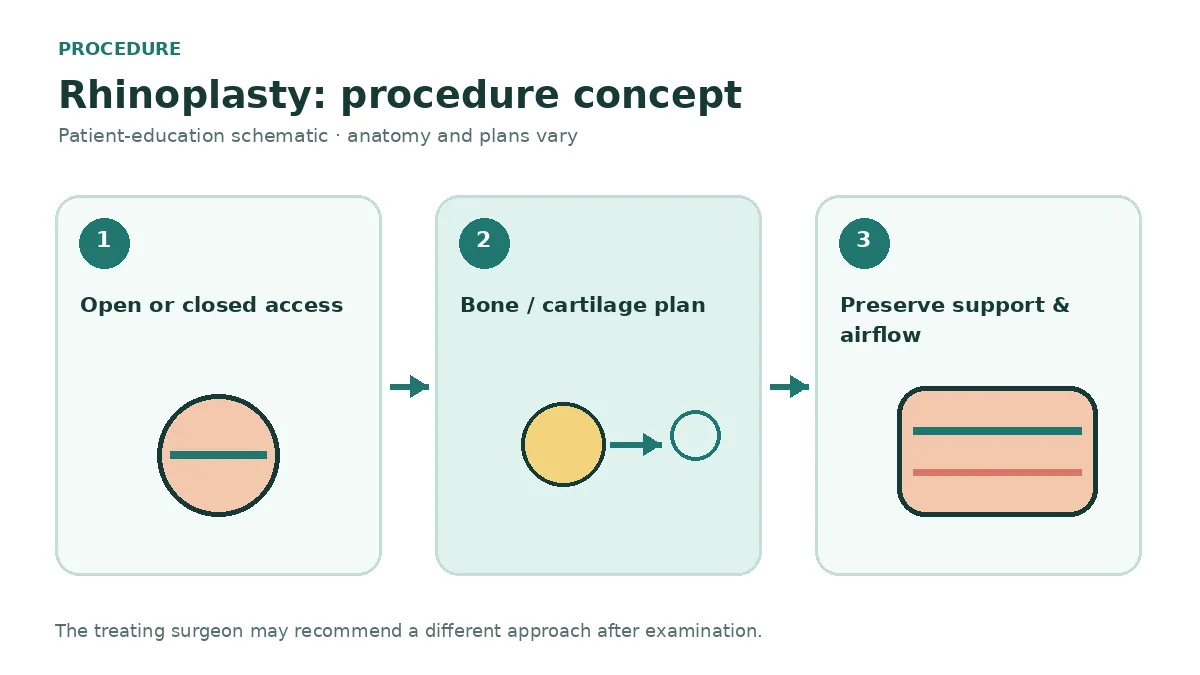 Clinical diagram comparing closed intranasal access with open columellar access and structural cartilage work during rhinoplasty