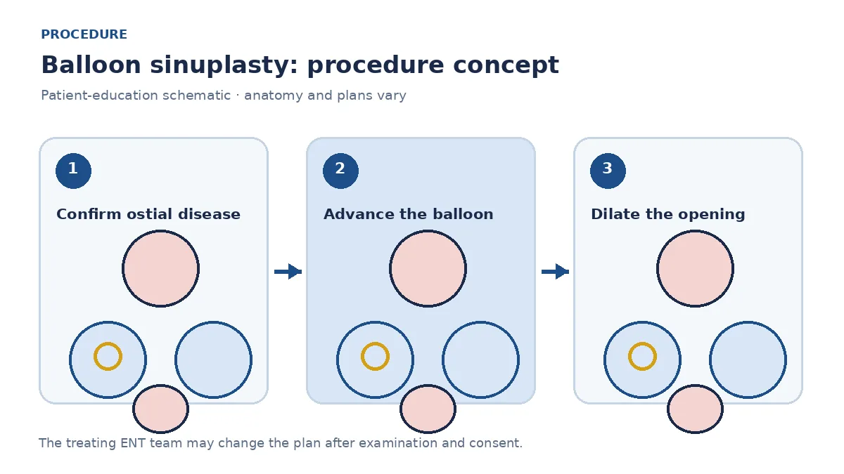 Clinical diagram of a balloon catheter dilating a sinus opening under endoscopic guidance