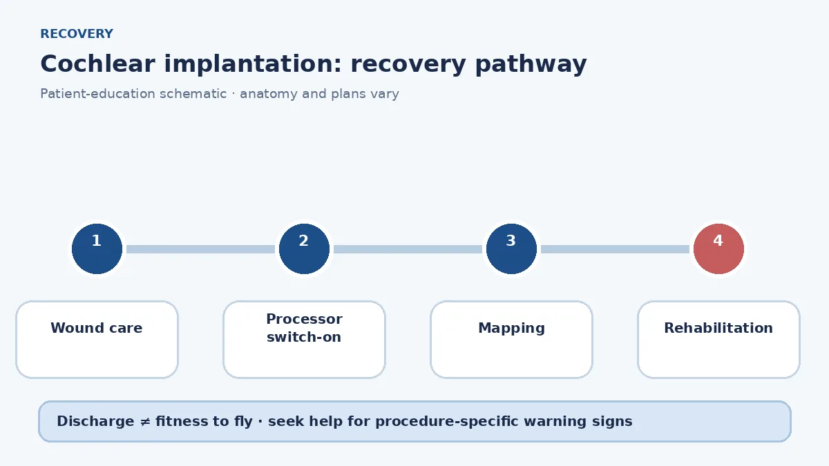 Cochlear-implant pathway showing surgery, wound care, processor switch-on, mapping and rehabilitation