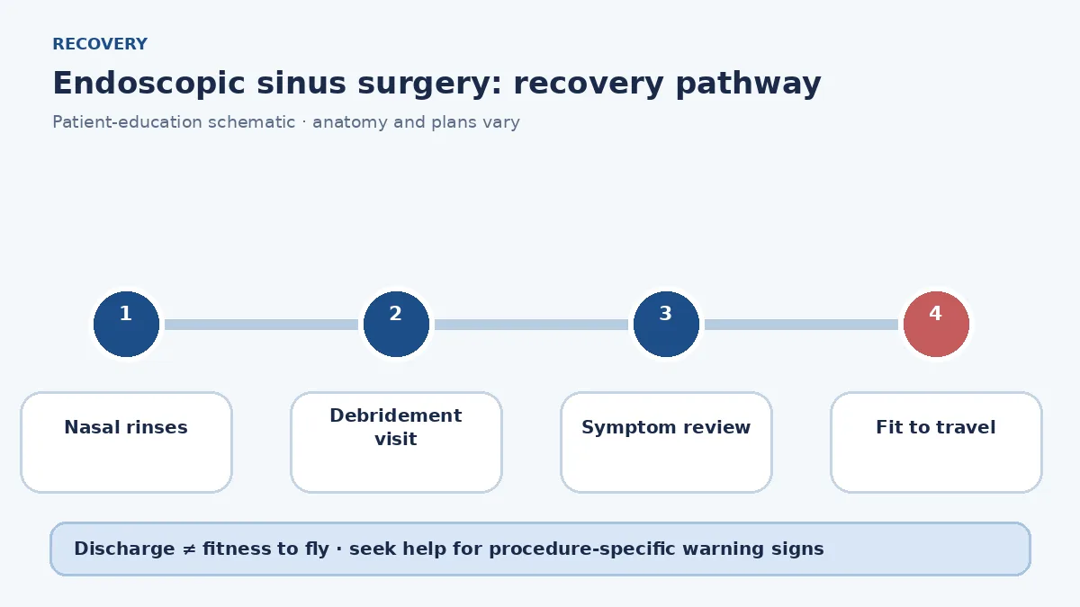 FESS recovery pathway showing nasal rinses, debridement visits, bleeding watch and travel clearance