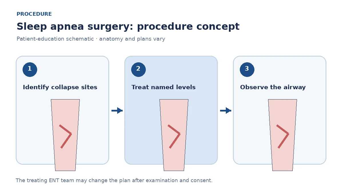 Clinical diagram of selected palatal or tongue-base surgery to enlarge the airway