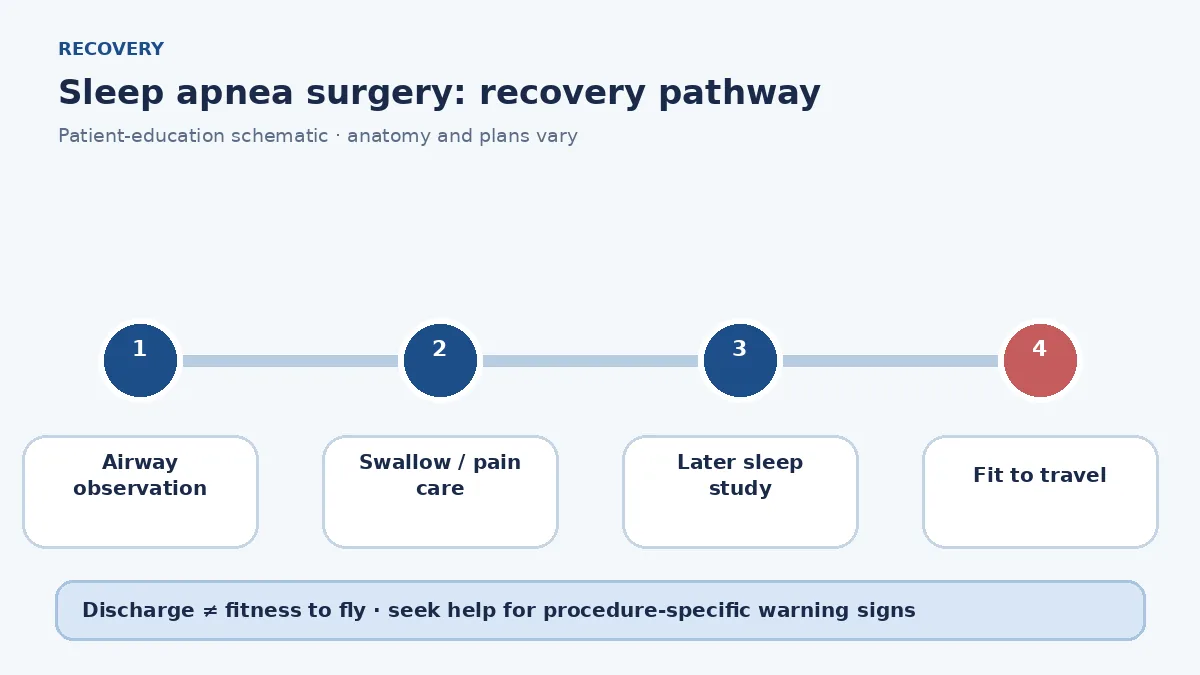 Sleep-apnea surgery recovery pathway showing airway observation, pain and swallow care and later sleep-study review