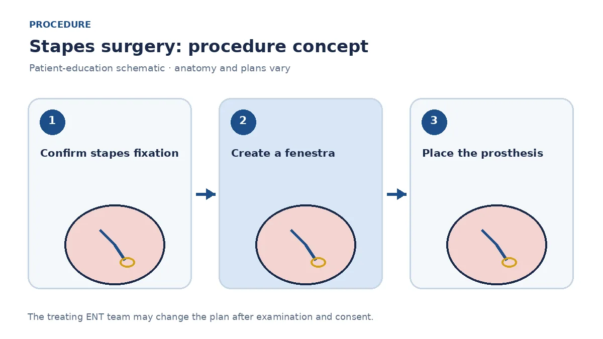 Clinical diagram of a stapedotomy piston prosthesis connecting the incus to the oval-window fenestra