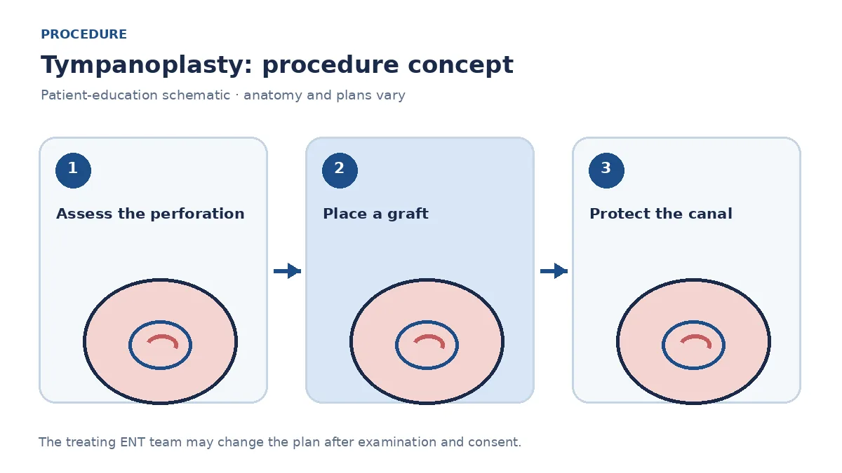 Clinical diagram of a graft being placed to close an eardrum perforation during tympanoplasty
