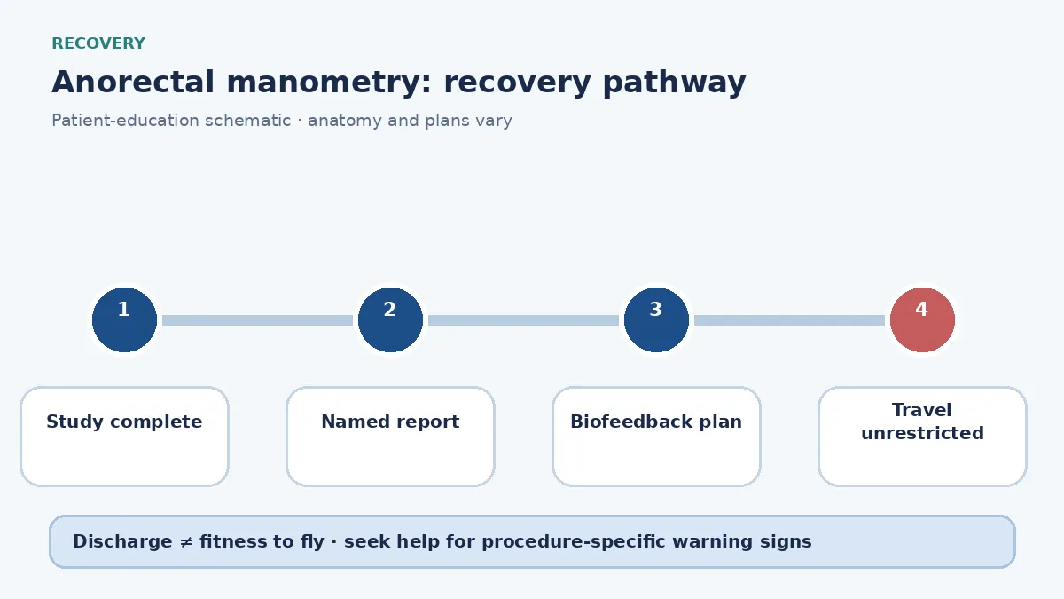 Anorectal-manometry pathway showing the study, report review and optional biofeedback planning