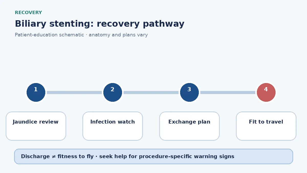 Biliary-stenting recovery pathway showing jaundice review, infection watch and exchange planning