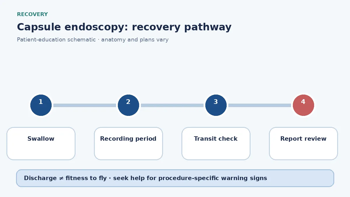 Capsule endoscopy pathway showing swallow, recording period, transit check and report review