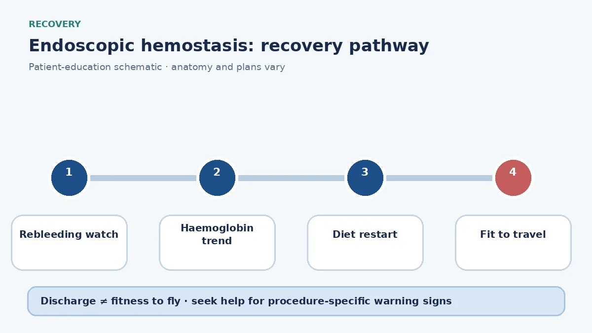 Hemostasis recovery pathway showing resuscitation, rebleeding watch and travel delay until stability