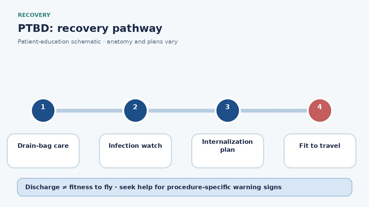 PTBD recovery pathway showing drain-bag care, infection watch and internalization planning