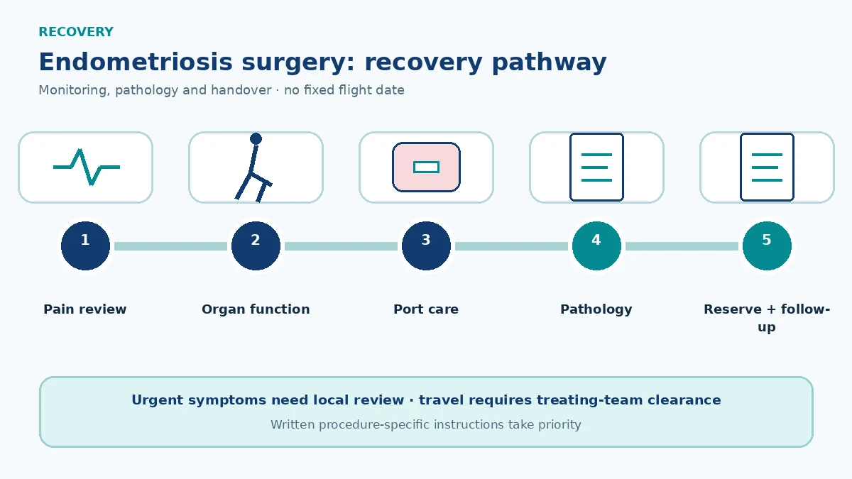 Endometriosis recovery pathway showing pain and organ-function monitoring, port care, pathology, ovarian-reserve discussion and symptom follow-up