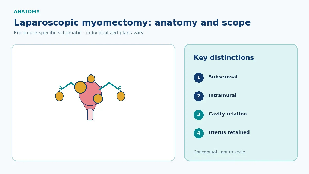 Patient-education uterine schematic showing subserosal, intramural and cavity-related fibroids with FIGO relationship and preserved uterine wall