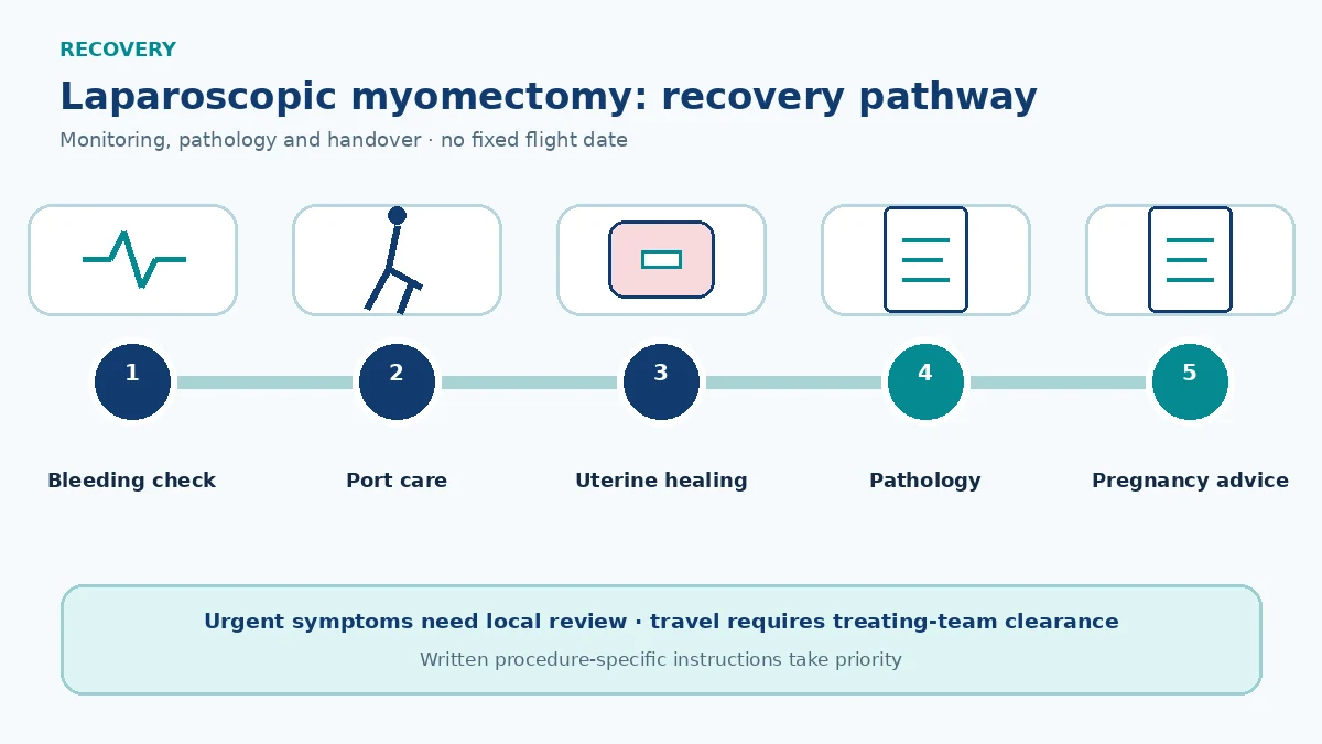 Laparoscopic myomectomy recovery pathway showing bleeding review, port care, uterine healing, pathology and individualized pregnancy counselling