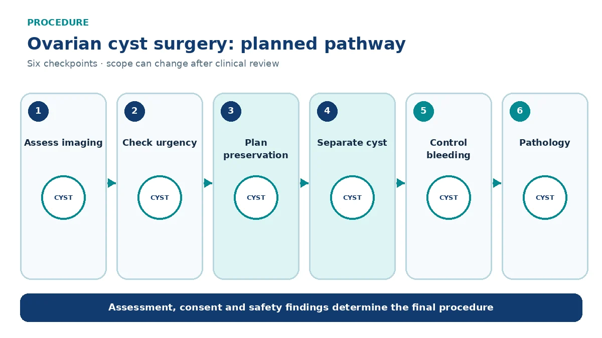 Numbered ovarian cyst surgery pathway showing ultrasound review, malignancy assessment, access, cystectomy or consented oophorectomy and pathology