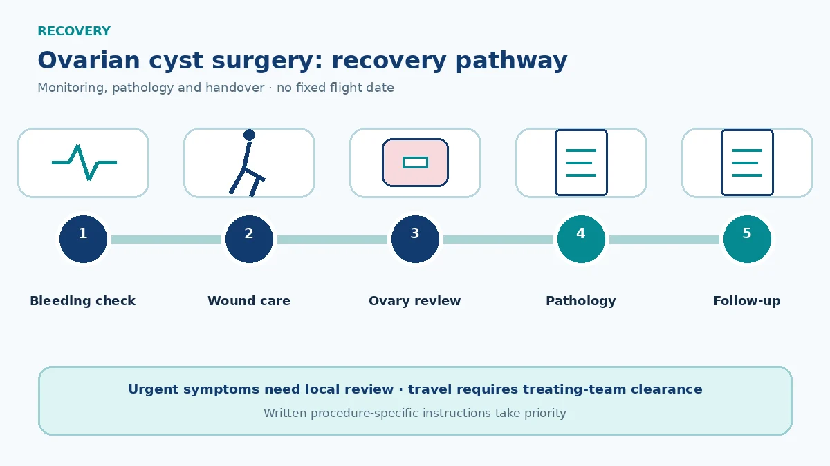 Ovarian cyst surgery recovery pathway showing bleeding and torsion warnings, wound care, ovarian preservation review, pathology and follow-up