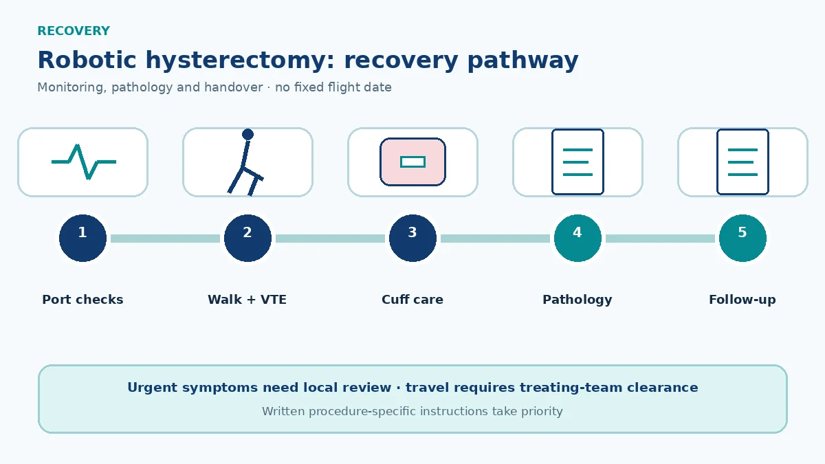 Robotic hysterectomy recovery schematic showing port monitoring, mobility and VTE prevention, vaginal-cuff care, pathology and follow-up