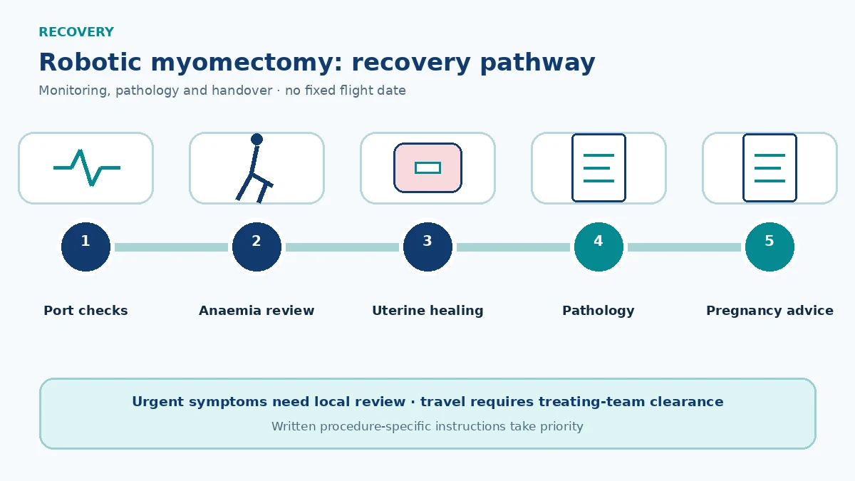 Robotic myomectomy recovery pathway showing port care, anaemia review, uterine healing, pathology and fertility or pregnancy counselling
