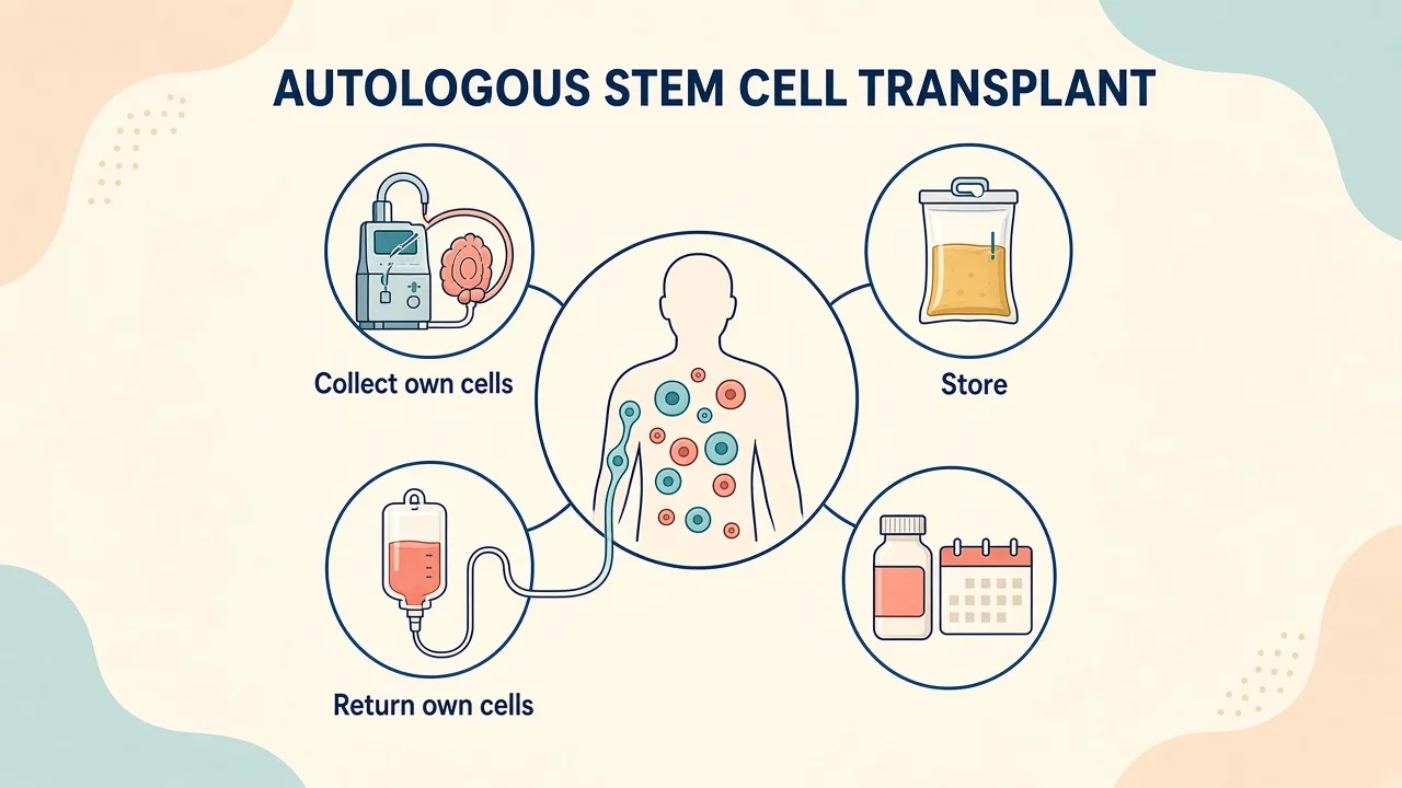 Medical illustration of a patient's stem cells being collected, cryopreserved and returned after high-dose conditioning