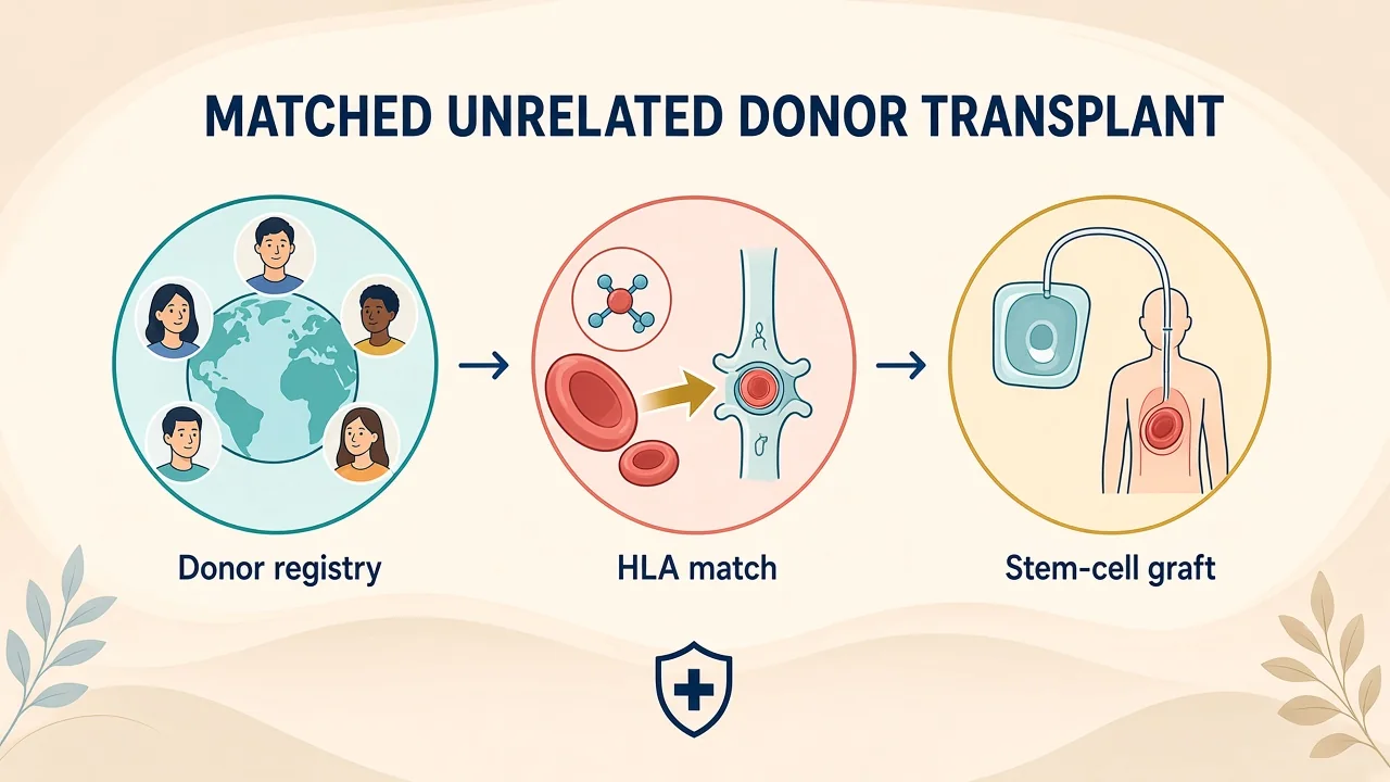 Medical illustration of registry HLA matching, unrelated donor collection, graft courier transport and recipient infusion