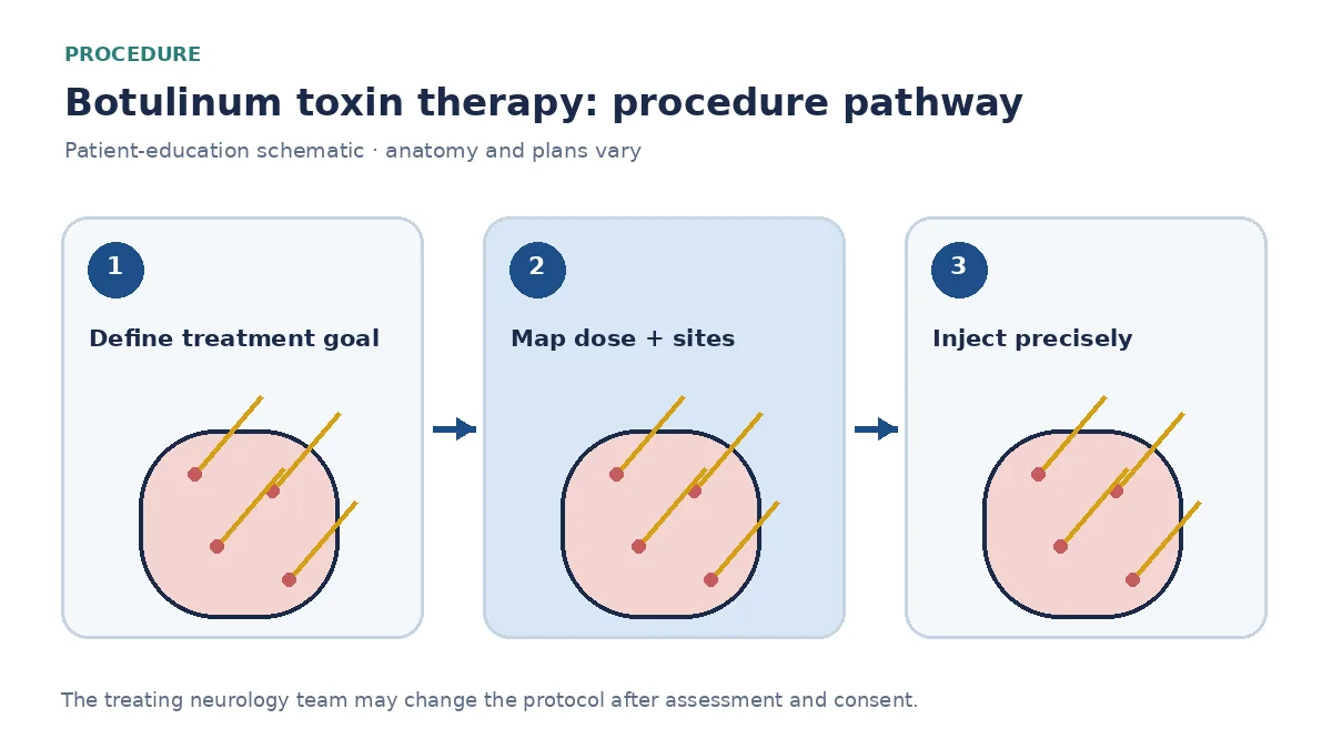 Numbered botulinum therapy pathway showing goal selection, dose and site mapping, and targeted injection
