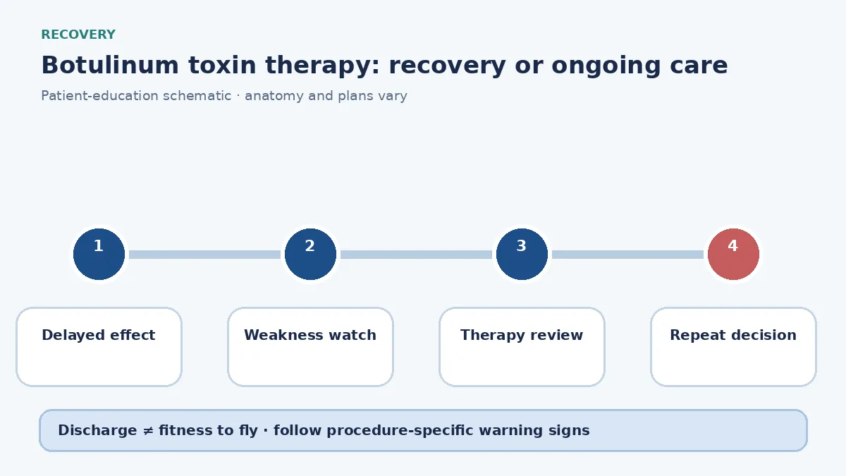 Botulinum therapy follow-up diagram showing delayed effect, weakness monitoring and repeat-session review