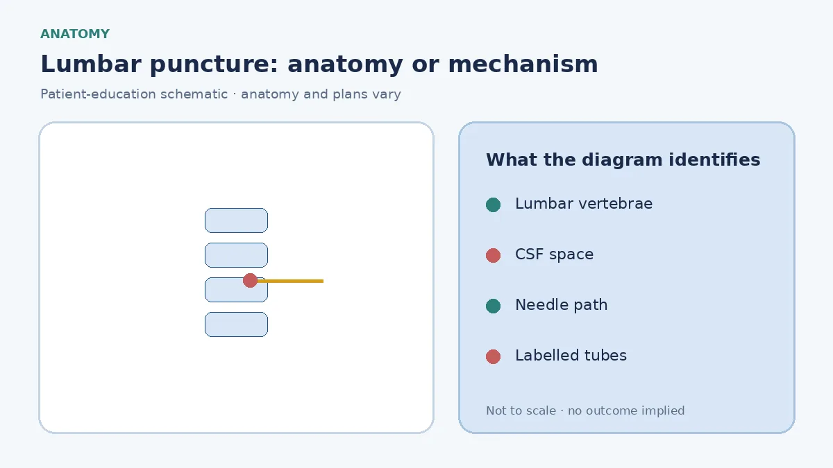 Patient-education diagram showing a lumbar needle entering the lower spinal CSF space below the spinal cord