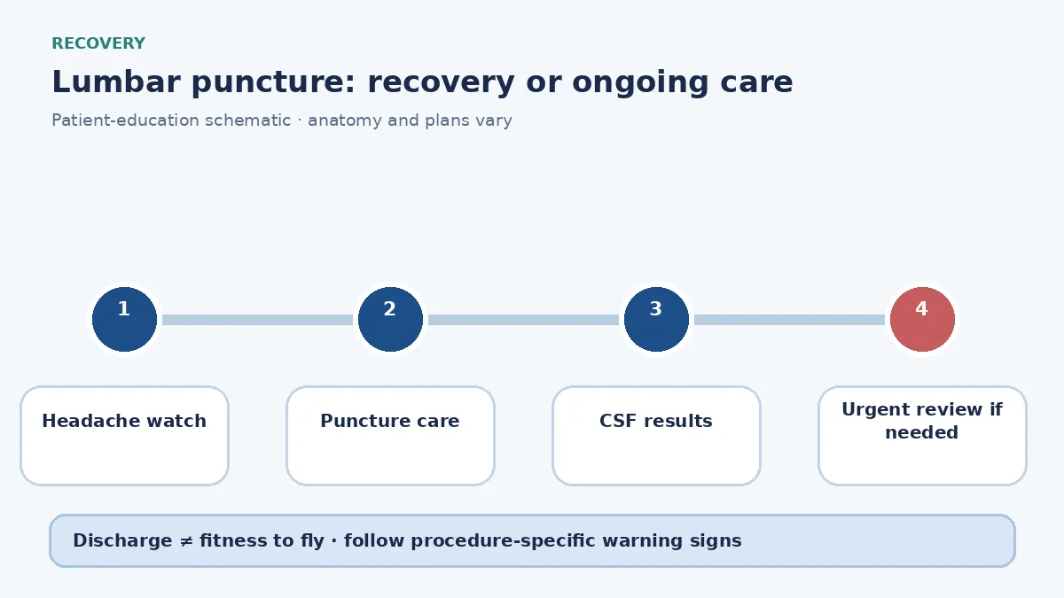Lumbar puncture recovery diagram showing postural headache monitoring, warning signs and result follow-up