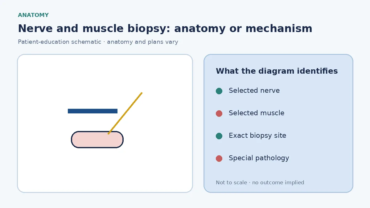 Patient-education diagram showing separately selected peripheral nerve and skeletal muscle biopsy sites with pathology handling