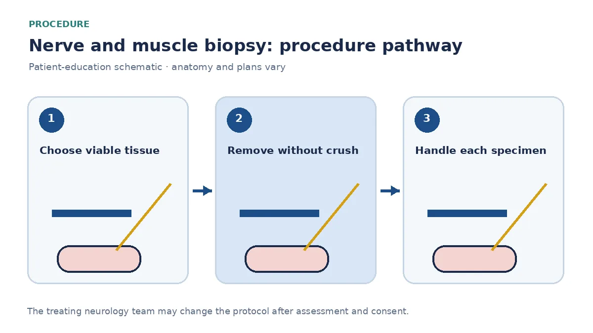 Numbered nerve and muscle biopsy pathway showing site selection, careful tissue removal and specialized neuropathology