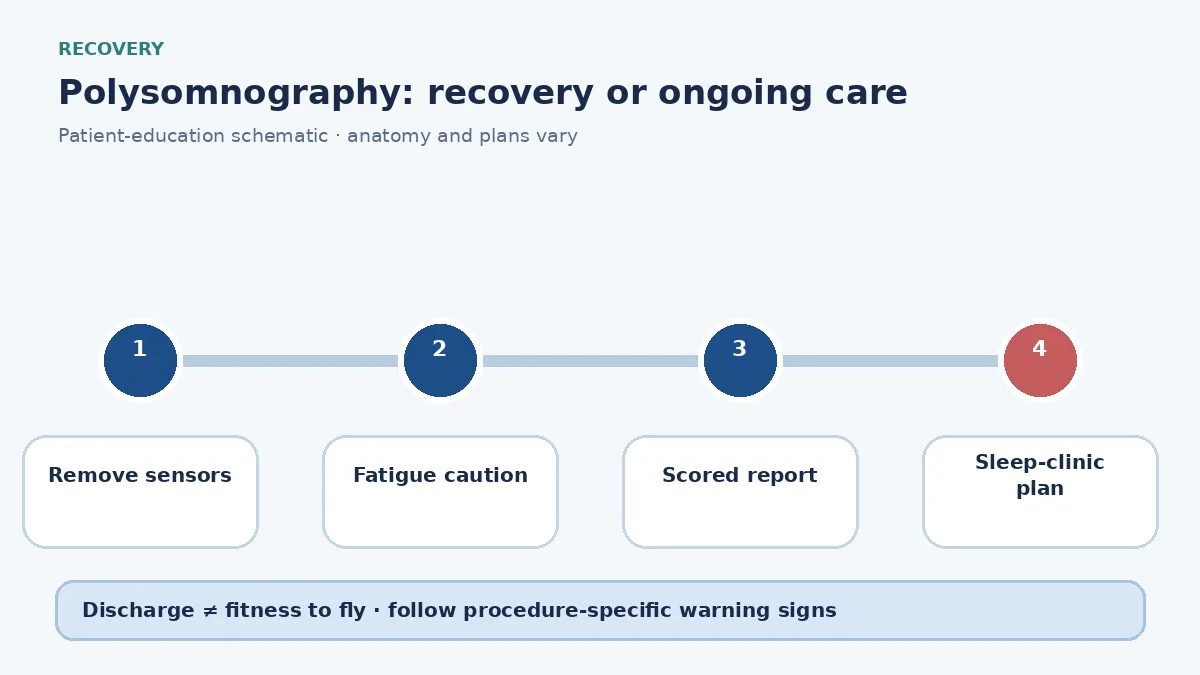 Polysomnography follow-up diagram showing paste removal, fatigue precautions and sleep-clinic result review
