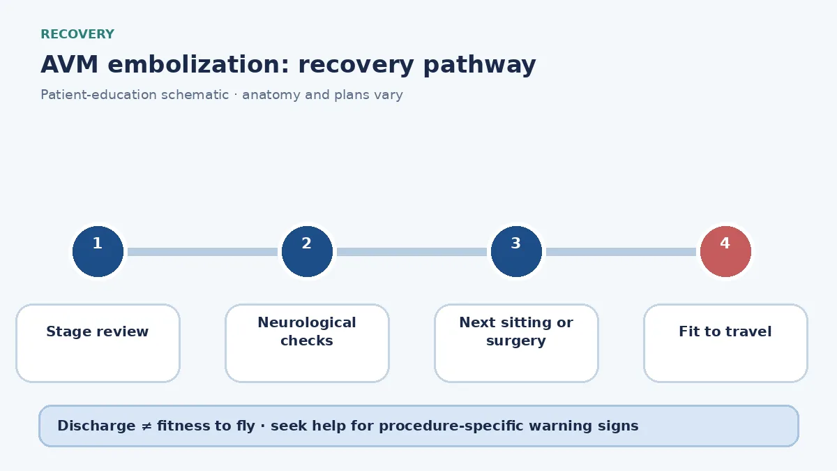 AVM-embolization recovery pathway showing stage review, neurological checks and next-sitting planning