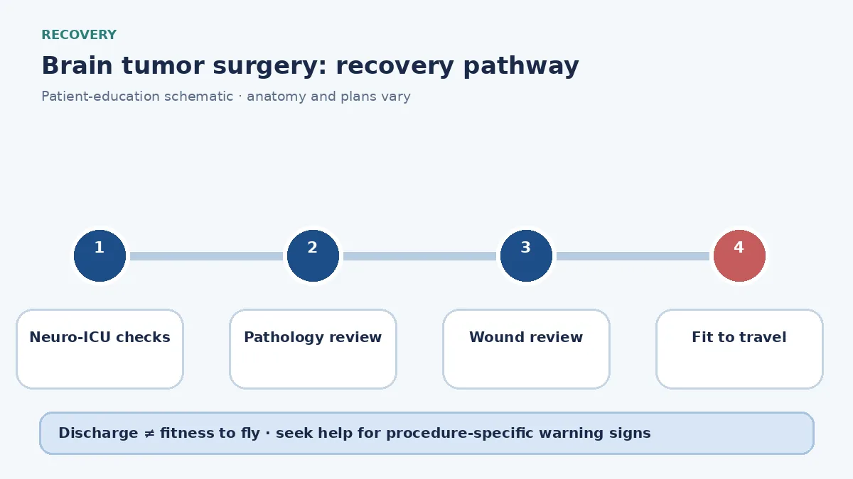 Brain-tumor-surgery recovery pathway showing neuro-ICU checks, pathology review and travel clearance