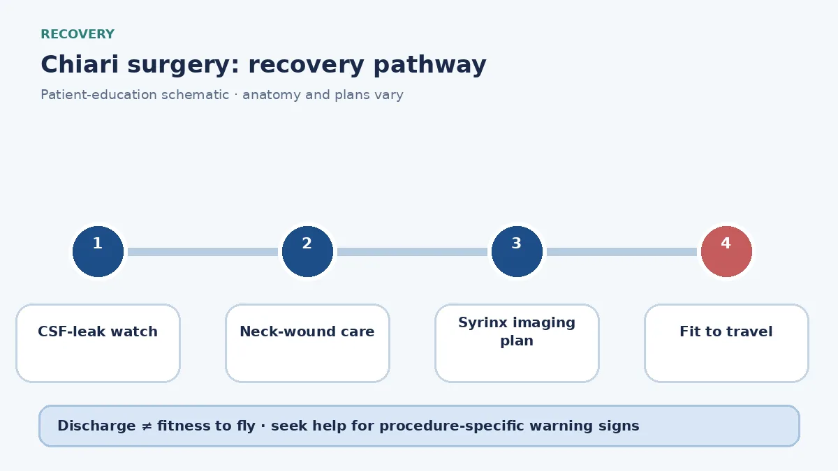 Chiari-surgery recovery pathway showing CSF-leak watch, neck-wound care and syrinx imaging follow-up