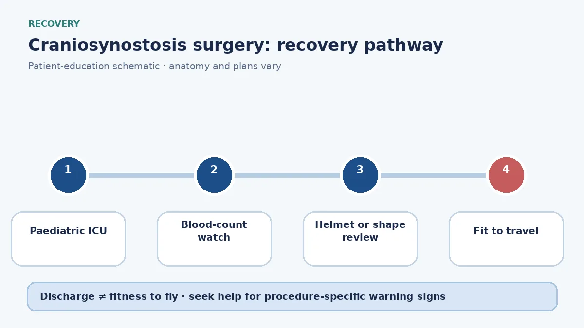 Craniosynostosis-surgery recovery pathway showing paediatric ICU monitoring, helmet follow-up and travel clearance