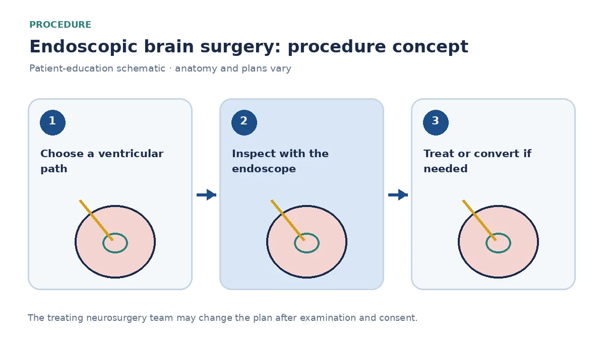 Clinical diagram of endoscopic brain surgery through a burr hole with optional conversion to craniotomy