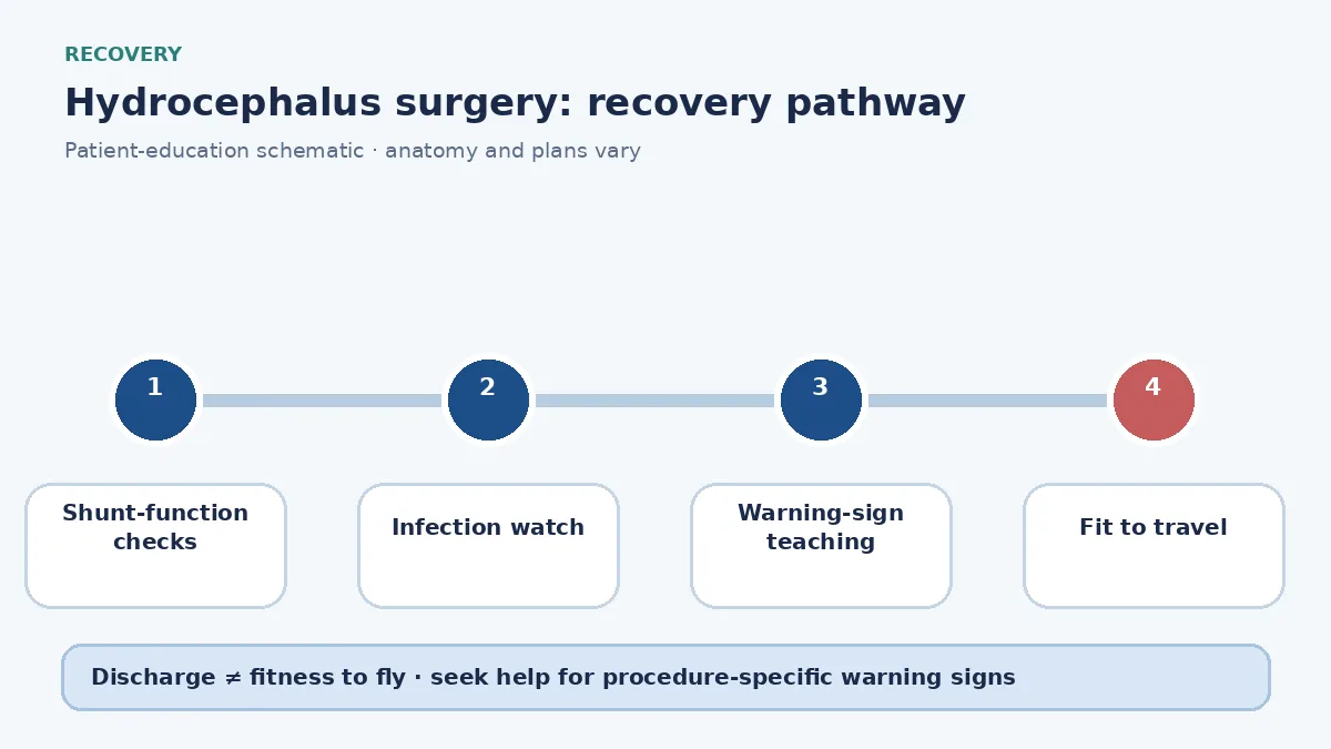 Hydrocephalus-surgery recovery pathway showing shunt-function checks, infection watch and travel clearance
