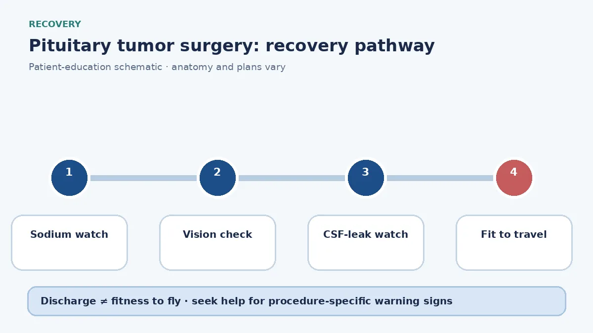 Pituitary-surgery recovery pathway showing sodium watch, vision review and CSF-leak precautions