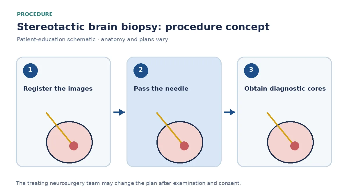 Clinical diagram of frame or frameless needle biopsy of an intracranial tumour