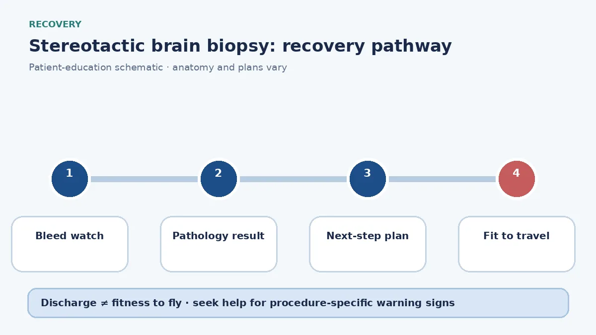 Stereotactic-biopsy recovery pathway showing bleed watch, pathology review and next-step planning