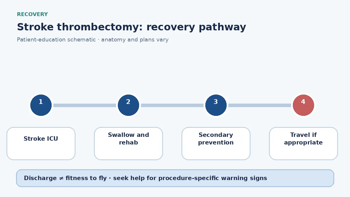 Stroke-thrombectomy recovery pathway showing ICU monitoring, rehabilitation and secondary-prevention review