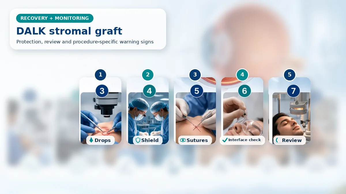Realistic DALK recovery composition with patient-care scenes showing monitoring, protection, follow-up and urgent review after deep anterior lamellar keratoplasty